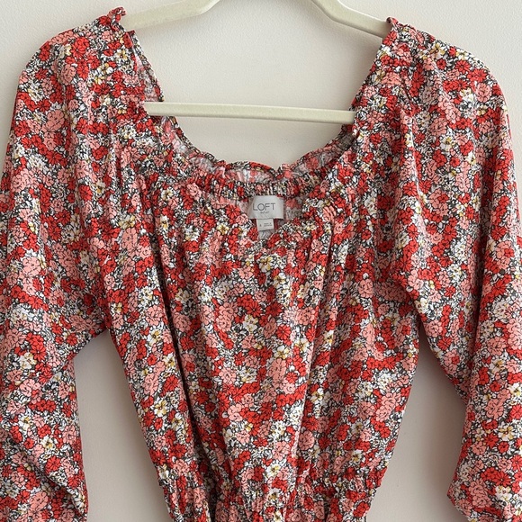 LOFT Outlet Smocked Floral Belted Mini Dress, Pink/Red Flowered Dress, Size 4 - Picture 3 of 16